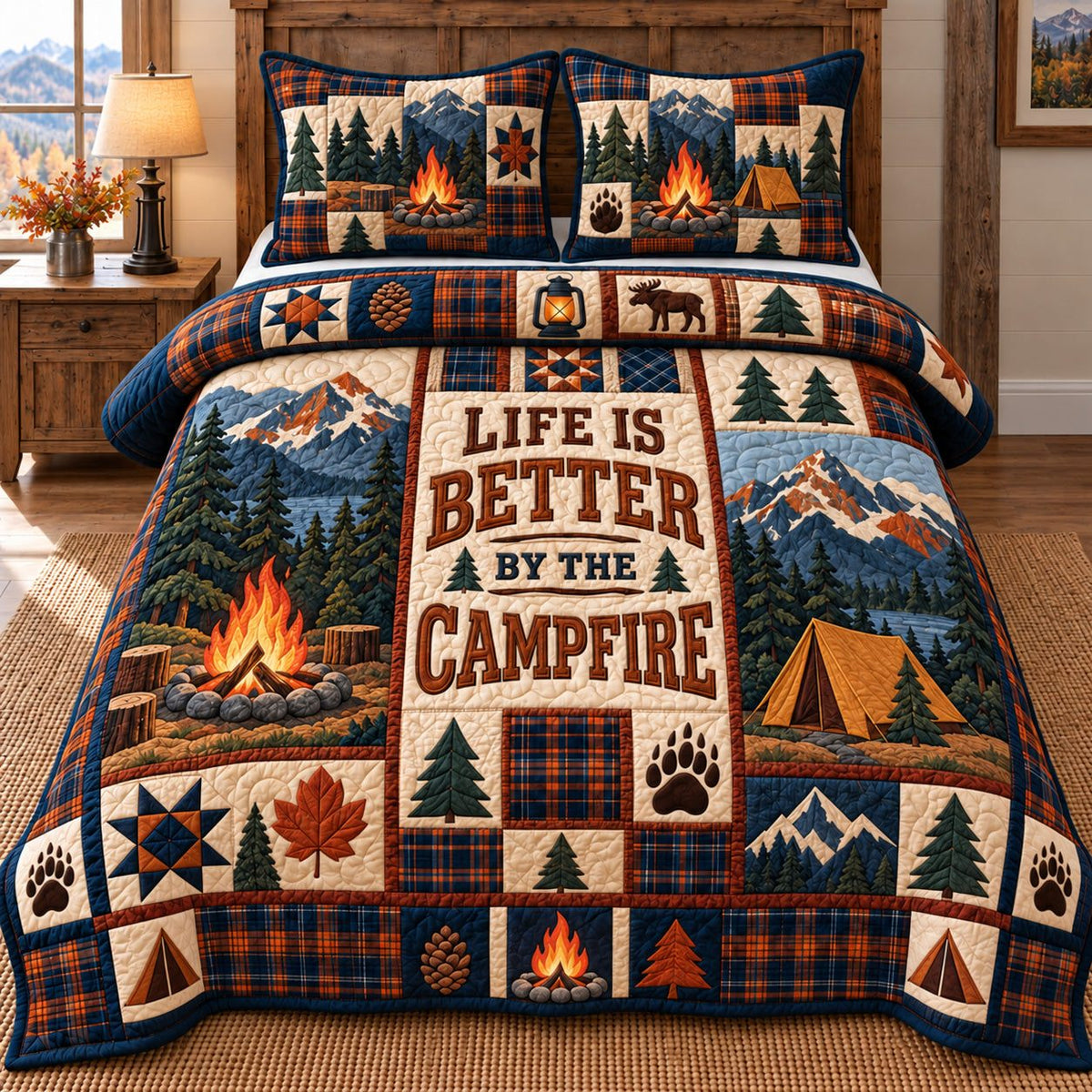 Campfire Banner Mountain Tent quilted 3-piece bedding set on a made bed with two matching pillow shams