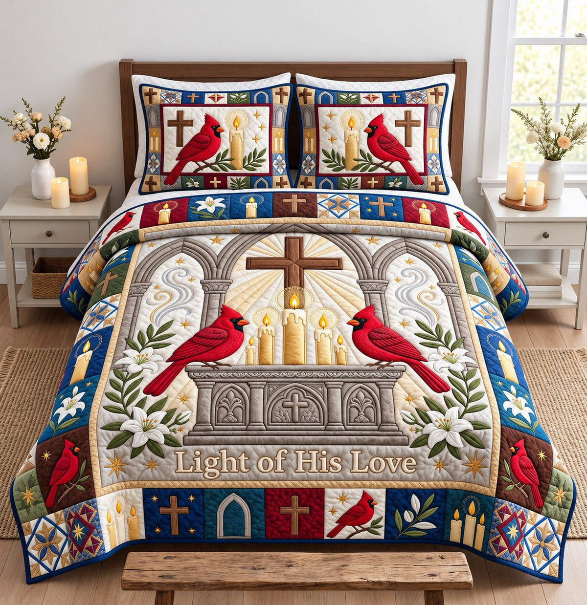 Candlelit Cardinals Light Of His Love quilted 3-piece bedding set on a made bed with two matching pillow shams