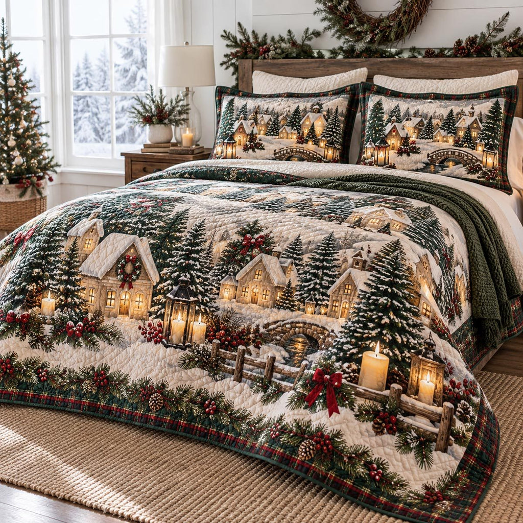 Candlelit Christmas Village quilted 3-piece bedding set on a made bed in a winter-styled bedroom