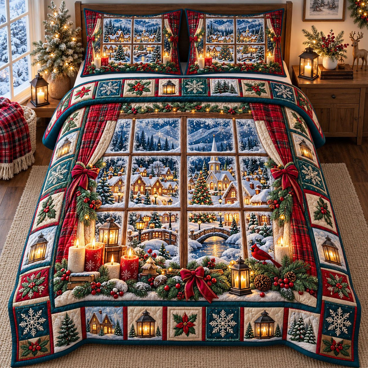 Candlelit Window Christmas Village quilted 3-piece bedding set on a made bed in a winter-styled bedroom