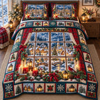 Candlelit Window Christmas Village quilted 3-piece bedding set on a made bed in a winter-styled bedroom