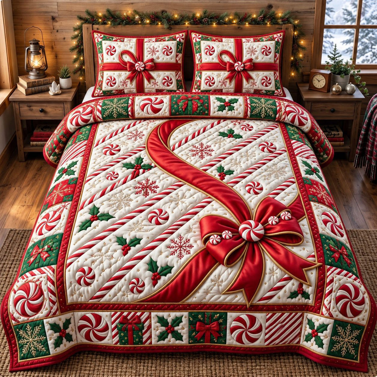 Candy Cane Ribbon Gift quilted 3-piece bedding set on a made bed with two matching pillow shams