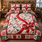 Candy Cane Ribbon Gift quilted 3-piece bedding set on a made bed with two matching pillow shams