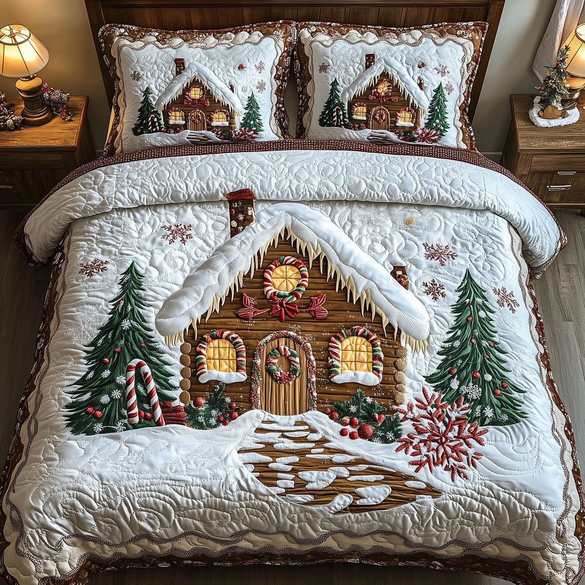 Candy Canes Cabin 3-Piece Quilted Bedding Set GFTOTL1386 quilted 3-piece bedding set on a made bed with two matching pillow shams