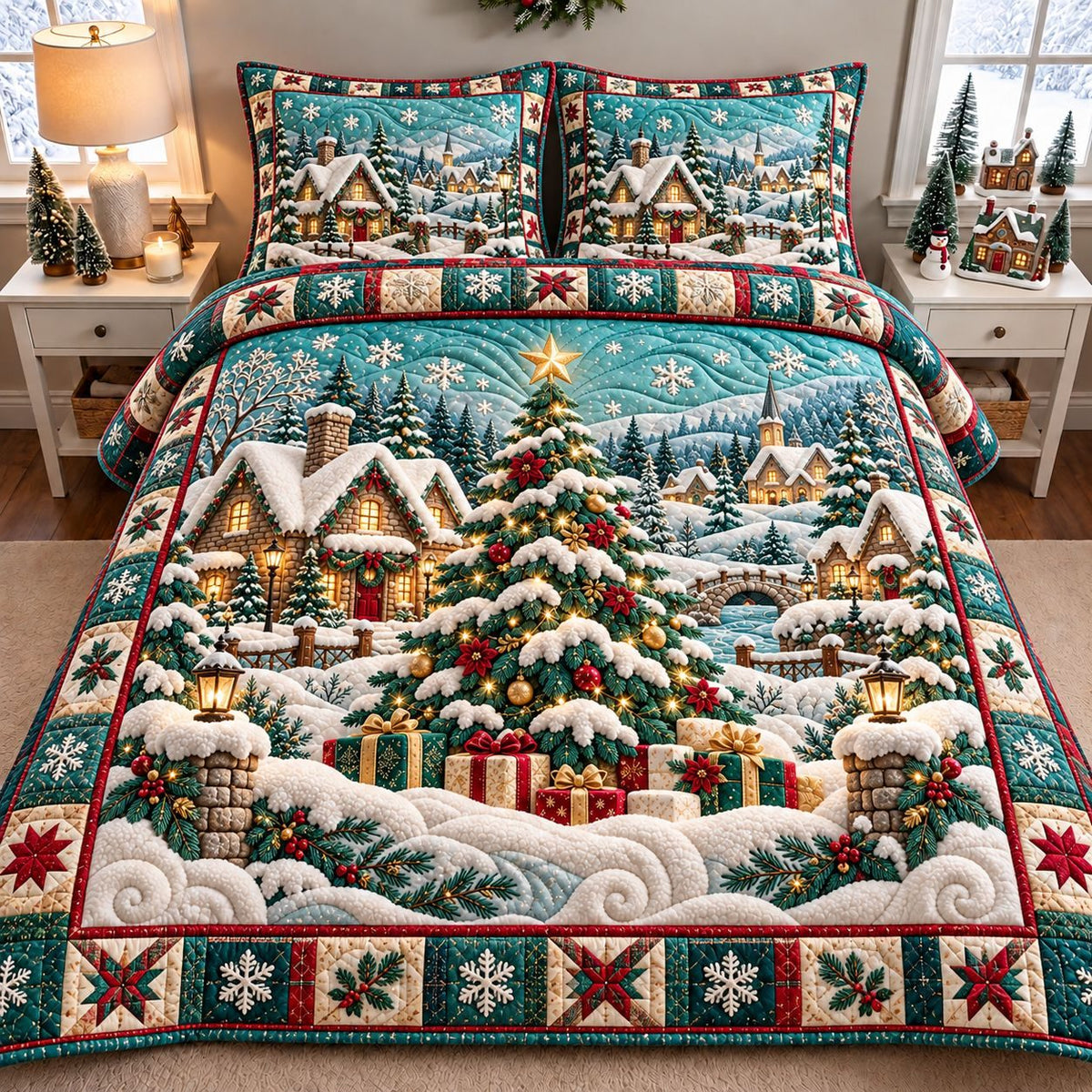 Candy Snow Village quilted 3-piece bedding set on a made bed with two matching pillow shams