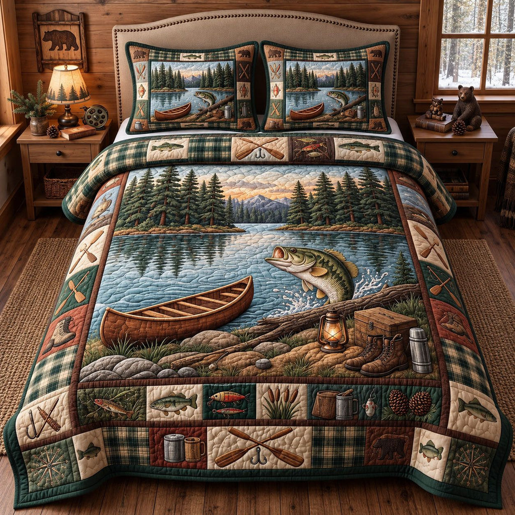Canoe Lake Bass Rustic quilted 3-piece bedding set on a made bed in a farmhouse bedroom