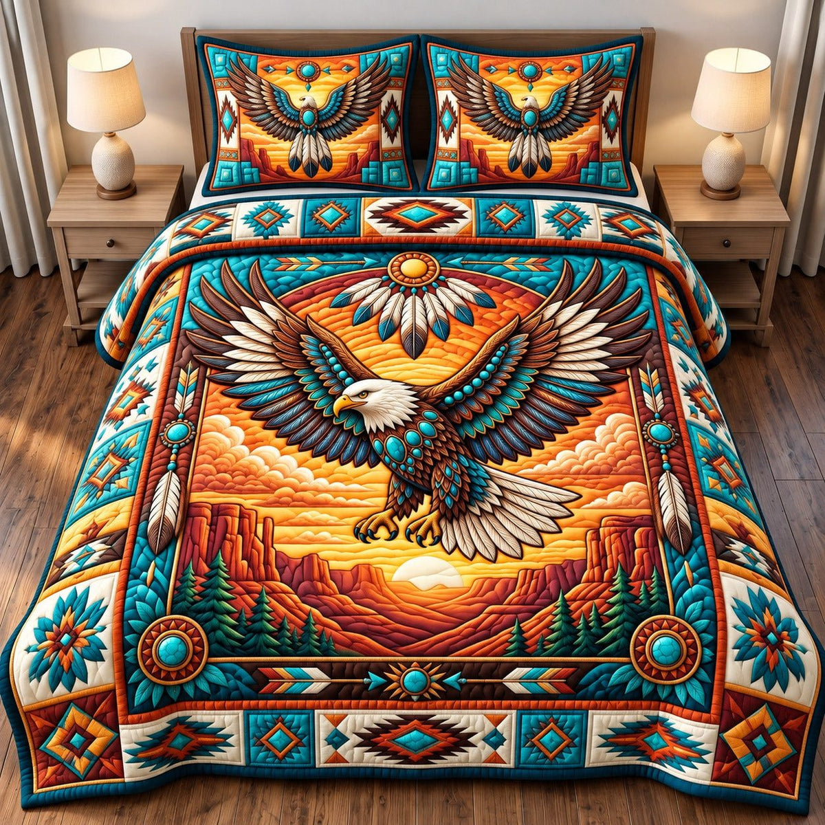 Canyon Sunset Eagle Spirit quilted 3-piece bedding set on a made bed in a warmly lit bedroom