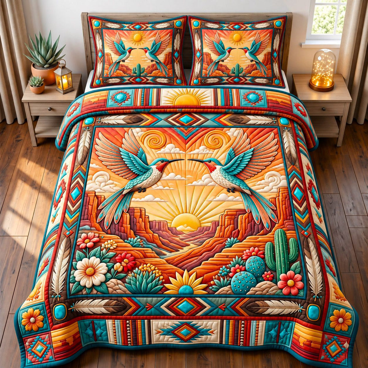 Canyon Sunset Hummingbirds Sacred Bird quilted 3-piece bedding set on a made bed in a softly lit bedroom