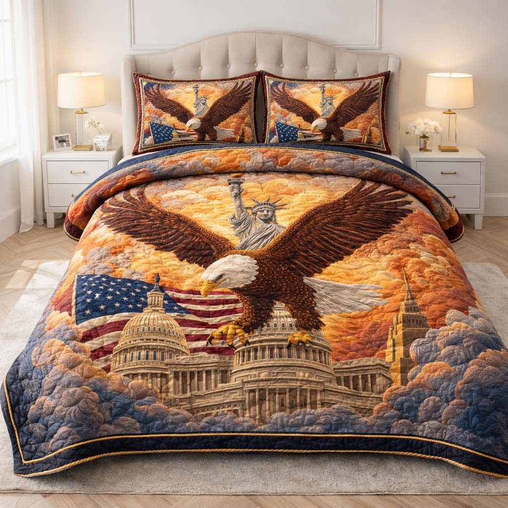 Capitol Majesty 3-Piece Quilted Bedding Set GFTOHD14187 quilted 3-piece bedding set on a made bed with two matching pillow shams