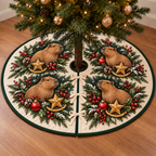 Capybara Cranberry Rocking Star printed Christmas circular tree skirt; design mockup showing a flat printed depth effect.