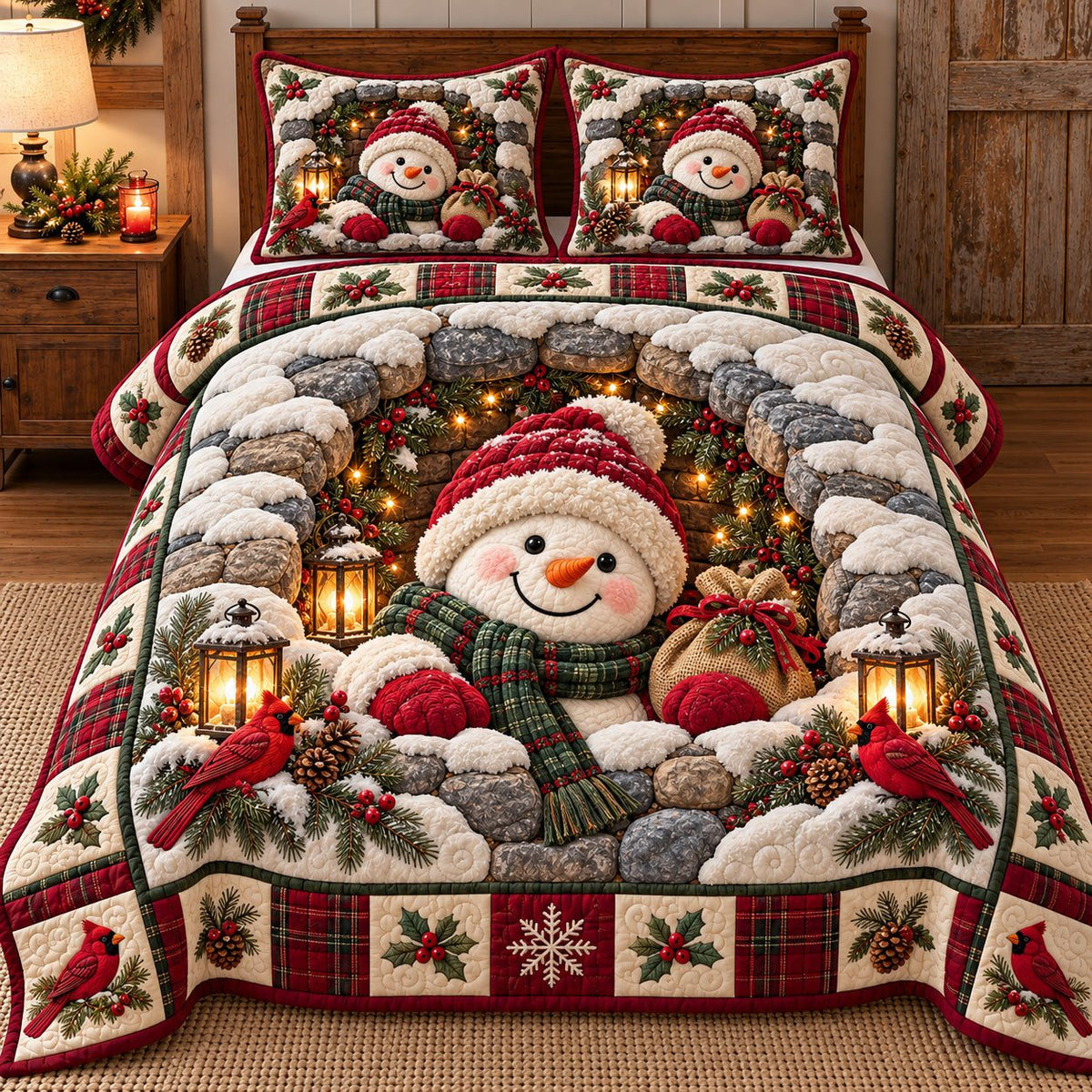 Cardinal Arch Snowman quilted 3-piece bedding set on a made bed in a winter-styled bedroom