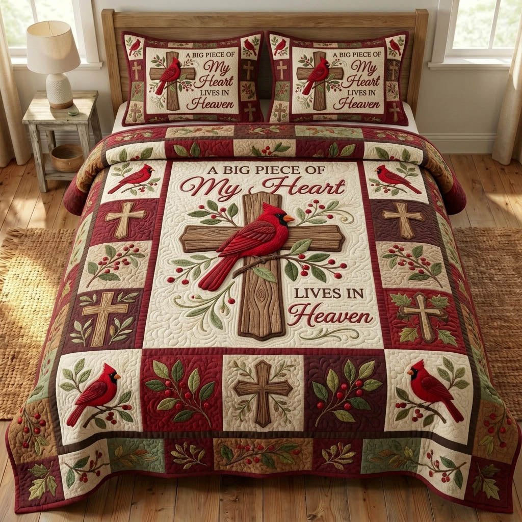 Cardinal Christian 3-Piece Quilted Bedding Set GFTONMU1523 quilted 3-piece bedding set on a made bed in a softly lit bedroom