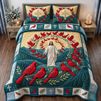 Cardinal Circle Surrounded By His Grace quilted 3-piece bedding set on a made bed with two matching pillow shams