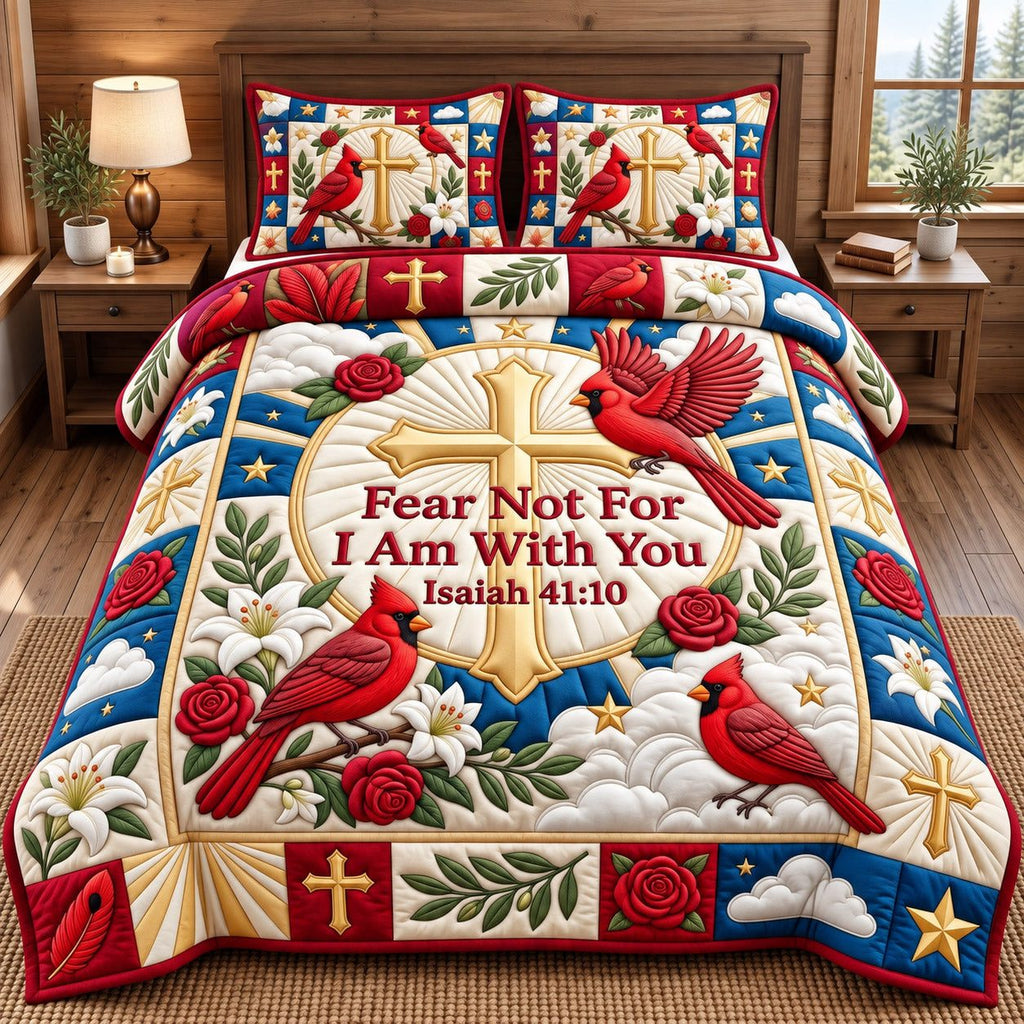Cardinal Cross Fear Not For I Am With You quilted 3-piece bedding set on a made bed in a softly lit bedroom