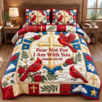 Cardinal Cross Fear Not For I Am With You quilted 3-piece bedding set on a made bed in a softly lit bedroom