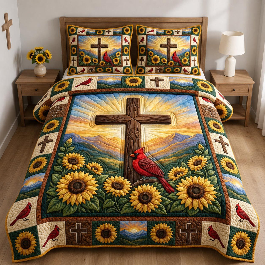 Cardinal Cross Sunflower 3-Piece Quilted Bedding Set GFTOLAN1329 quilted 3-piece bedding set on a made bed in a softly lit bedroom