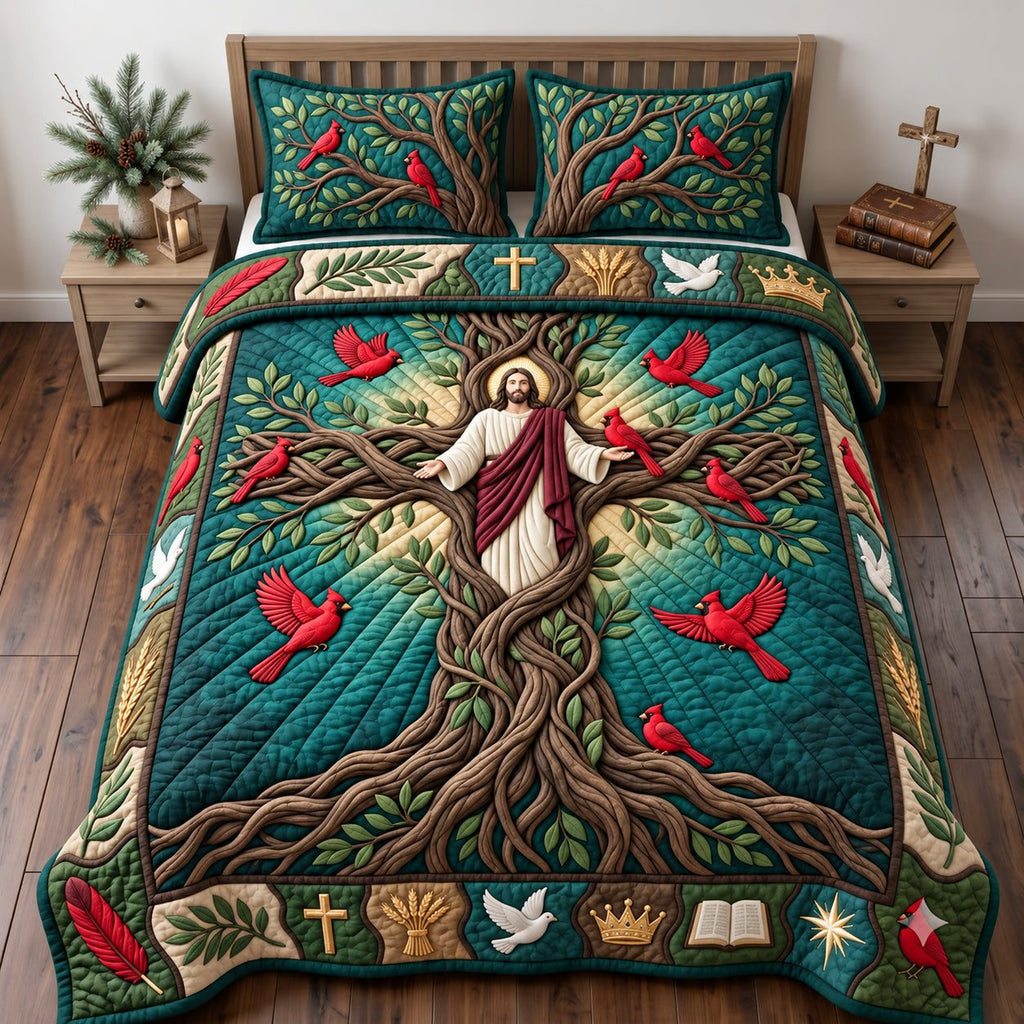 Cardinal Forest Cross quilted 3-piece bedding set on a made bed in a softly lit bedroom