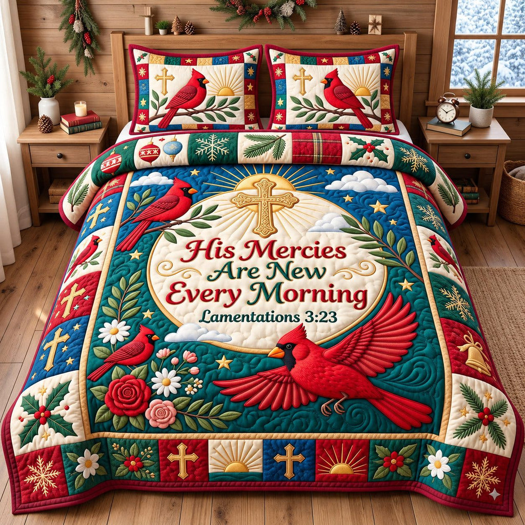 Cardinal His Mercies Are New Every Morning quilted 3-piece bedding set on a made bed with two matching pillow shams