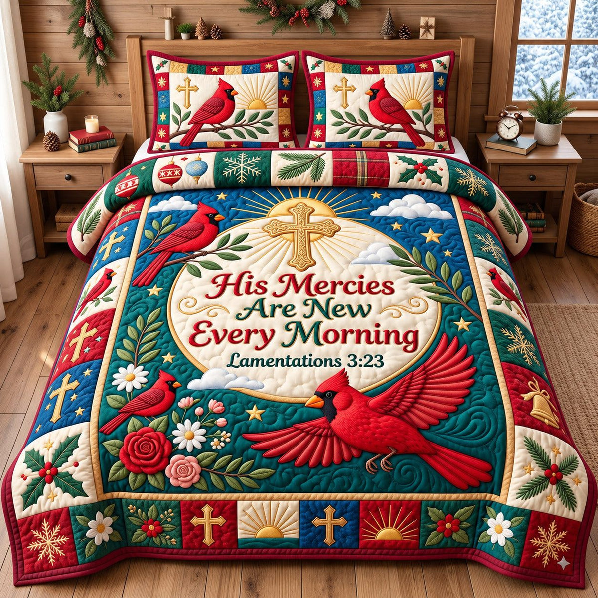 Cardinal His Mercies Are New Every Morning quilted 3-piece bedding set on a made bed with two matching pillow shams