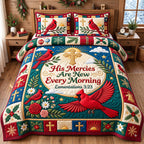 Cardinal His Mercies Are New Every Morning quilted 3-piece bedding set on a made bed with two matching pillow shams