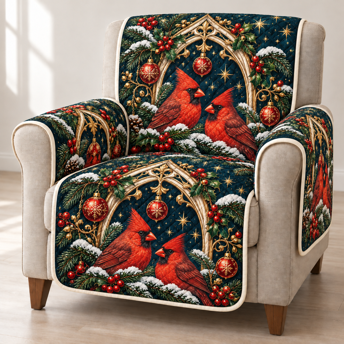 Cardinal Ivory Chapel Arch printed Christmas quilted sofa cover; design mockup showing a flat printed depth effect.