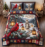Cardinal Jesus quilted 3-piece bedding set on a made bed in a softly lit bedroom