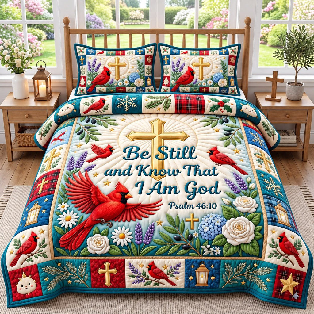 Cardinal Lavender Be Still And Know quilted 3-piece bedding set on a made bed with two matching pillow shams