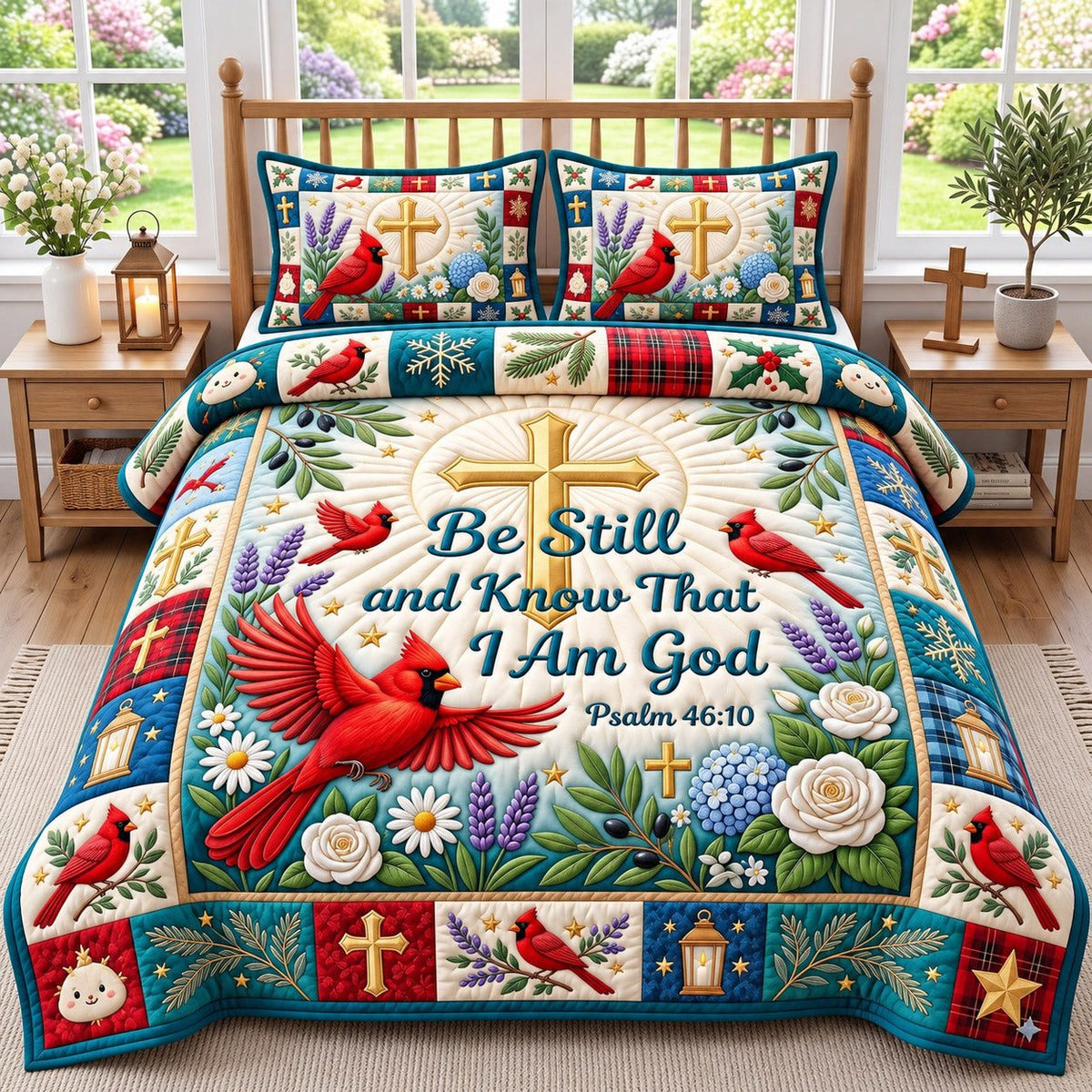 Cardinal Lavender Be Still And Know quilted 3-piece bedding set on a made bed with two matching pillow shams