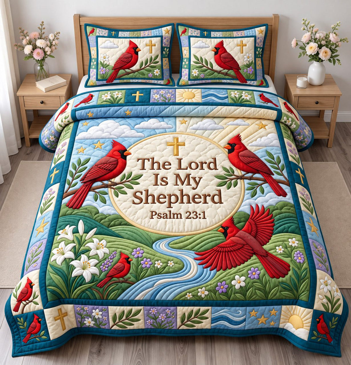 Cardinal Lily The Lord Is My Shepherd quilted 3-piece bedding set on a made bed in a softly lit bedroom