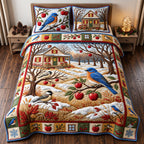 Cardinal Orchard quilted 3-piece bedding set on a made bed with two matching pillow shams
