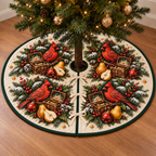 Four red cardinals, golden pears and printed music boxes on an ivory tree skirt with green binding and three ties; design mockup.