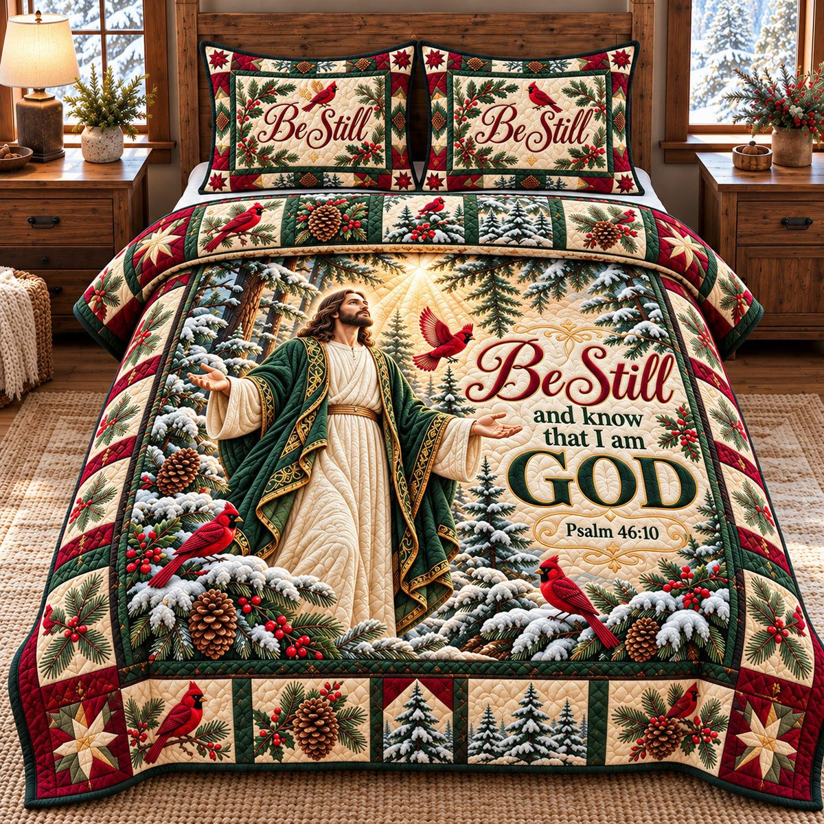Cardinal Pine Path Be Still And Know God quilted 3-piece bedding set on a made bed in a softly lit bedroom