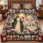 Cardinal Pine Path Be Still And Know God quilted 3-piece bedding set on a made bed in a softly lit bedroom