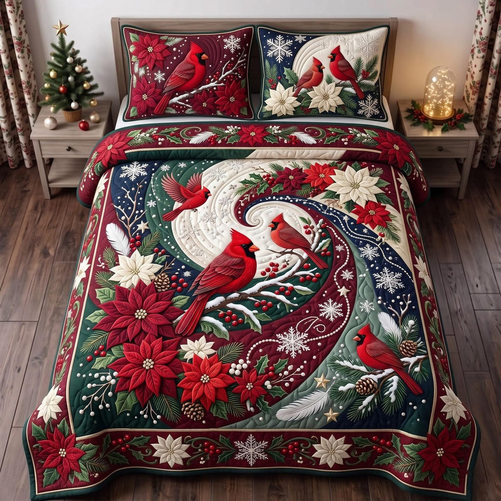 Cardinal Poinsettia quilted 3-piece bedding set on a made bed in a winter-styled bedroom