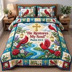 Cardinal River He Restores My Soul quilted 3-piece bedding set on a made bed with two matching pillow shams