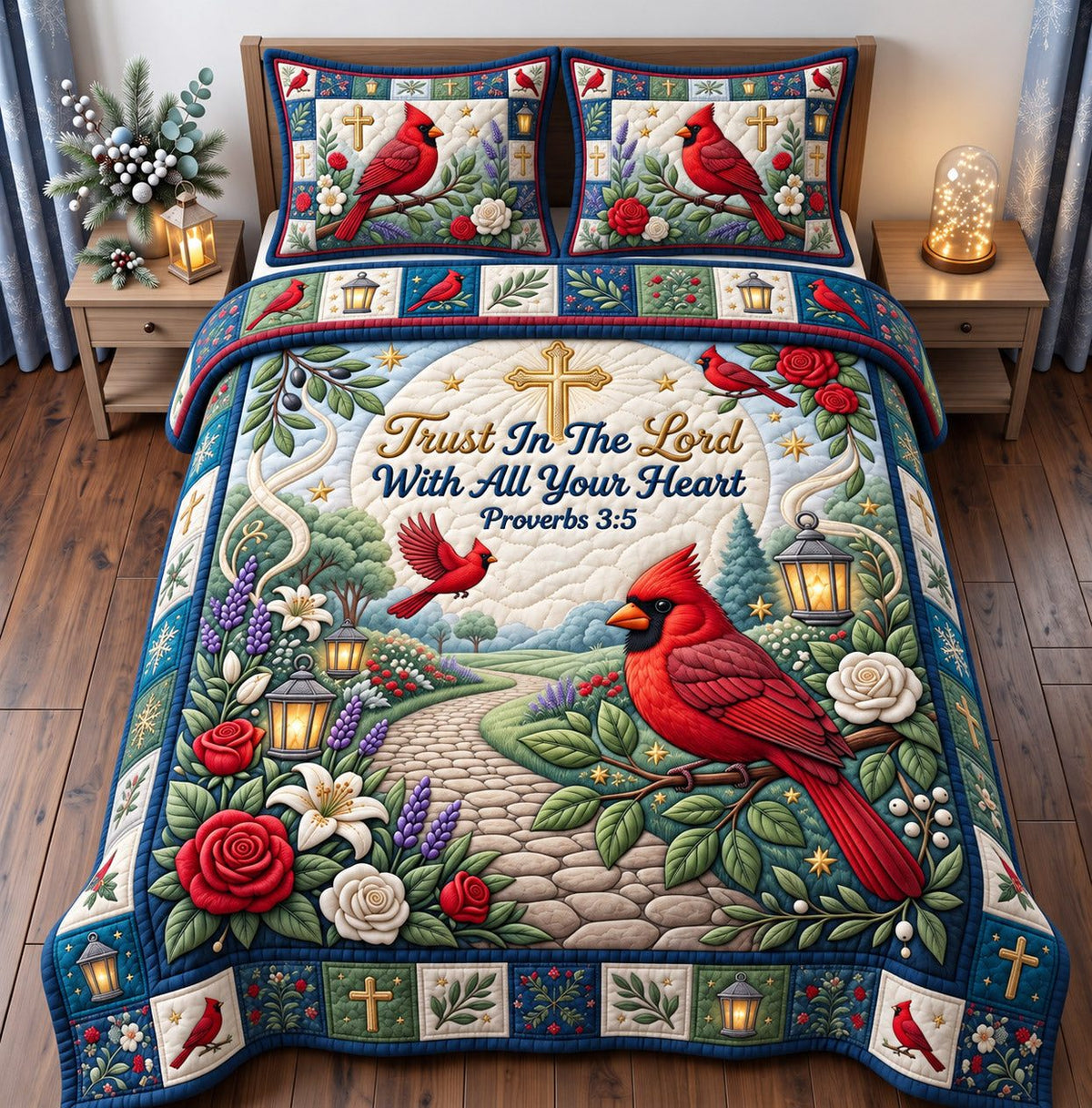 Cardinal Rose Trust In The Lord quilted 3-piece bedding set on a made bed in a softly lit bedroom