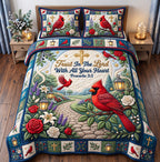 Cardinal Rose Trust In The Lord quilted 3-piece bedding set on a made bed in a softly lit bedroom