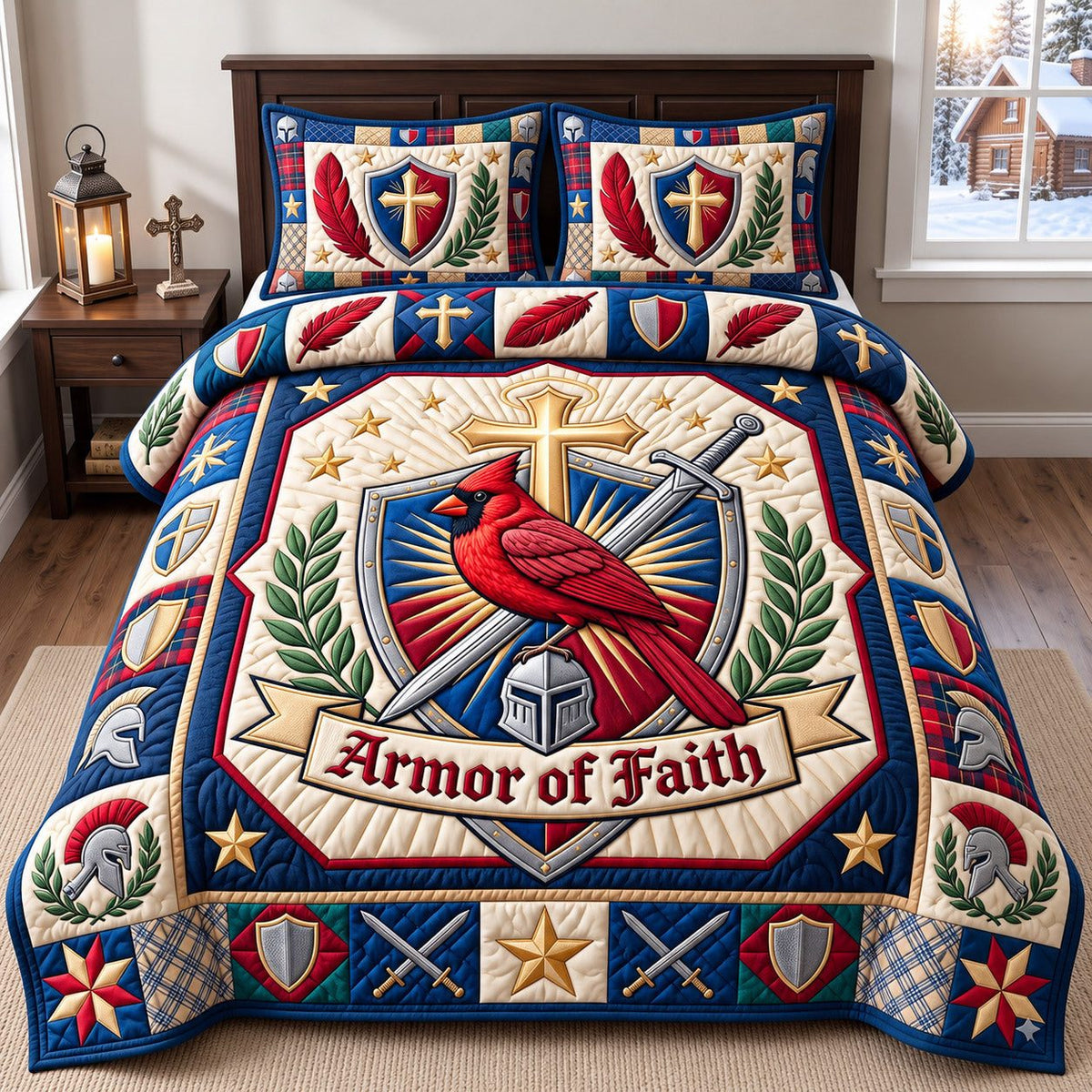 Cardinal Shield Armor Of Faith quilted 3-piece bedding set on a made bed in a softly lit bedroom