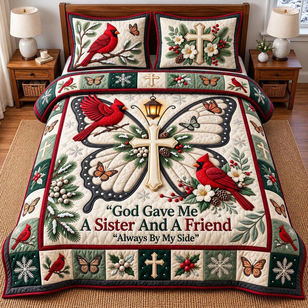 Cardinal Sister quilted 3-piece bedding set on a made bed with two matching pillow shams