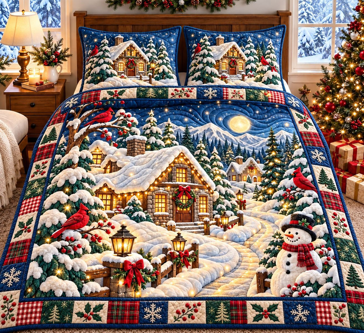 Cardinal Snow Cottage quilted 3-piece bedding set on a made bed in a farmhouse bedroom