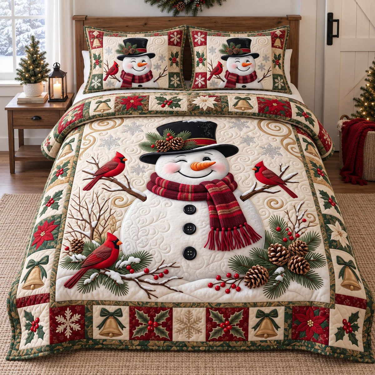 Cardinal Snowman quilted 3-piece bedding set on a made bed in a winter-styled bedroom
