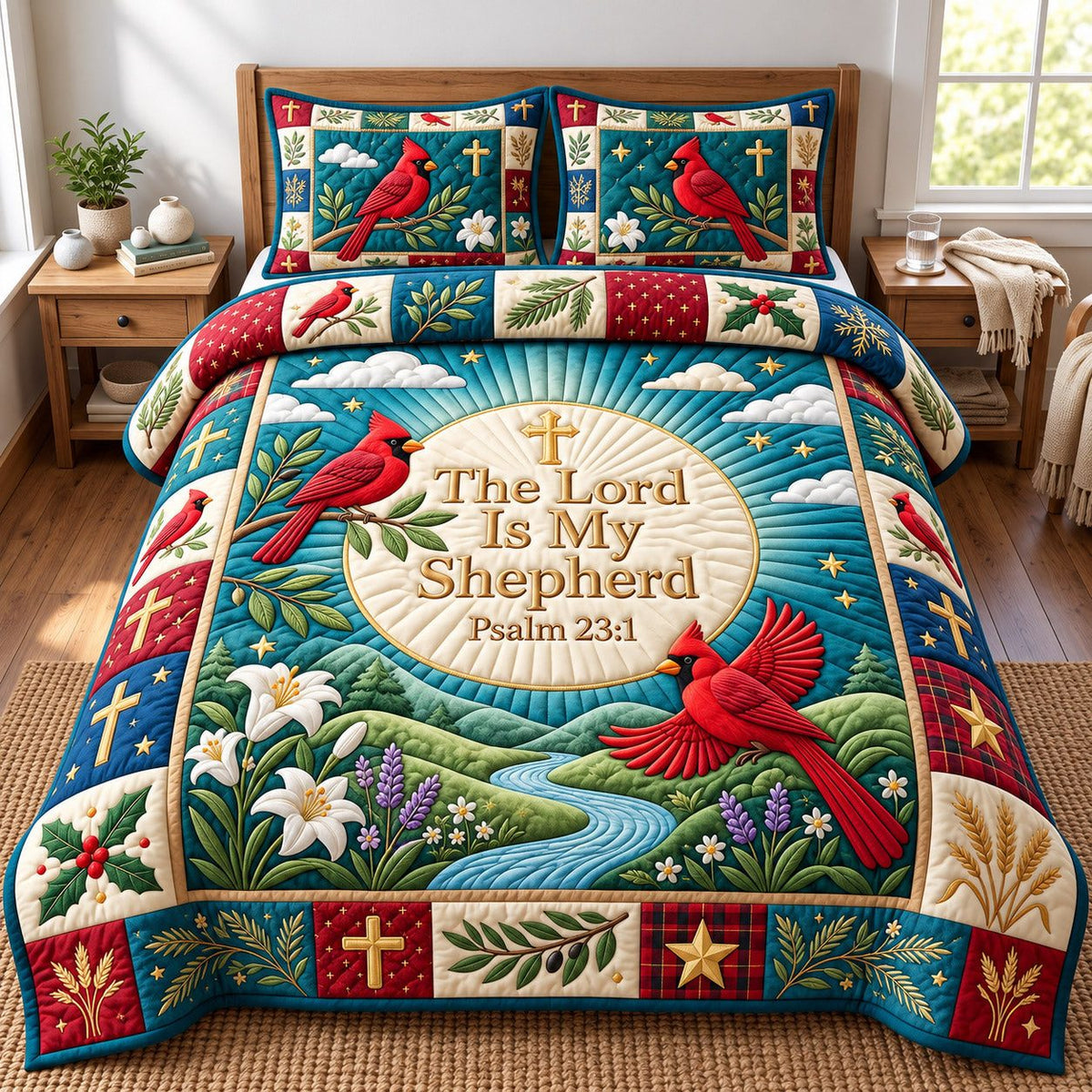 Cardinal Sunburst The Lord Is My Shepherd quilted 3-piece bedding set on a made bed in a softly lit bedroom