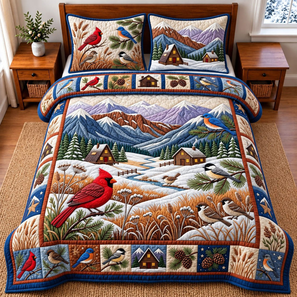 Cardinal Valley quilted 3-piece bedding set on a made bed with two matching pillow shams