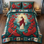 Cardinal Wings quilted 3-piece bedding set on a made bed with two matching pillow shams