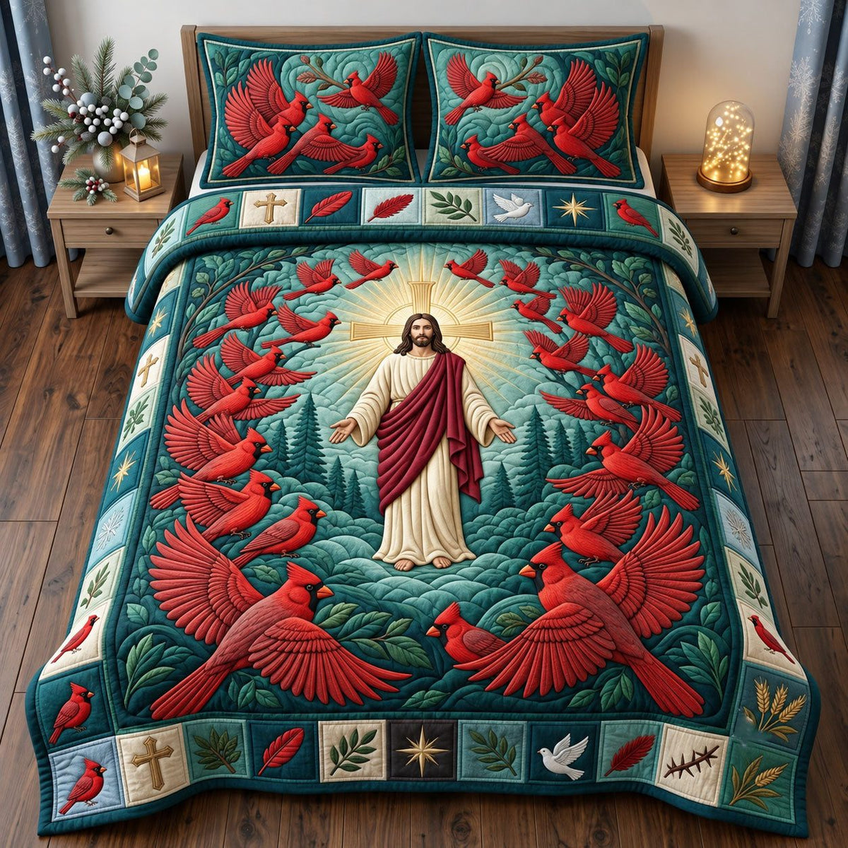 Cardinal Wings quilted 3-piece bedding set on a made bed with two matching pillow shams