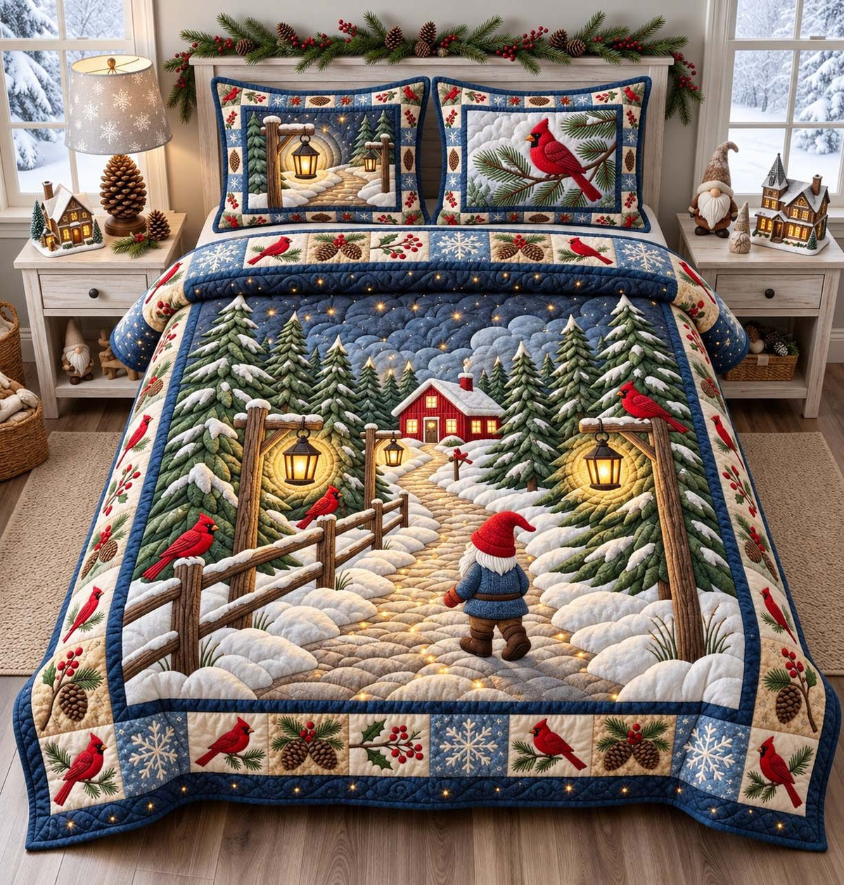 Cardinal Winter Path quilted 3-piece bedding set on a made bed in a winter-styled bedroom