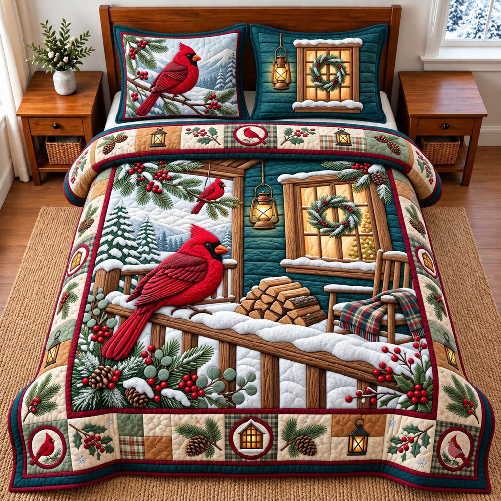 Cardinal Winter quilted 3-piece bedding set on a made bed in a winter-styled bedroom