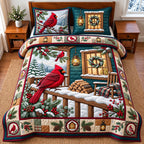 Cardinal Winter quilted 3-piece bedding set on a made bed in a winter-styled bedroom