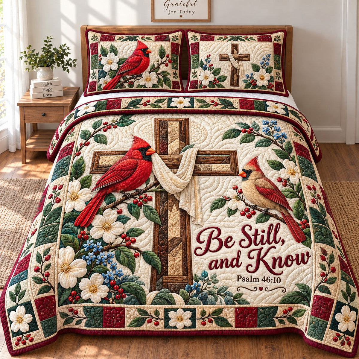 Cardinals Cross quilted 3-piece bedding set on a made bed in a softly lit bedroom