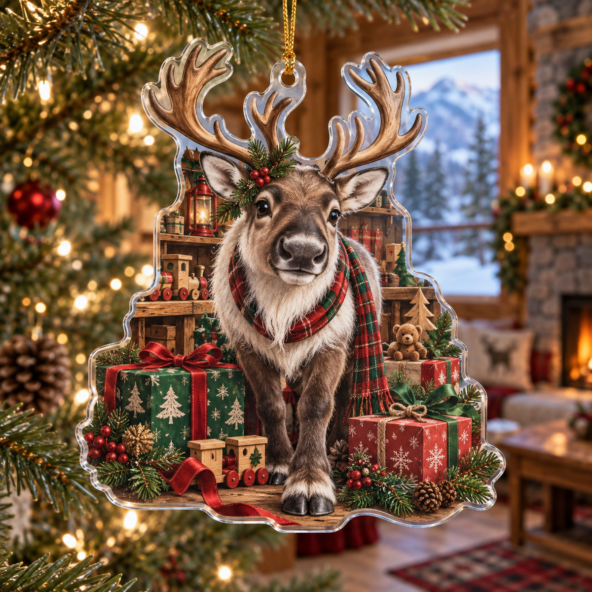 Caribou Acrylic Christmas Ornament — digital product visualization